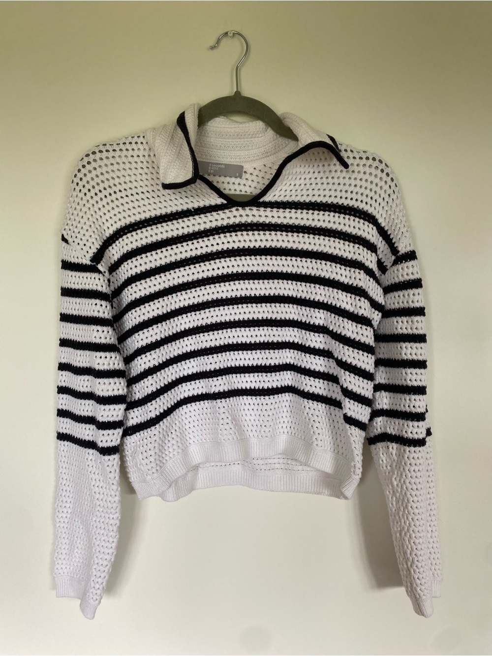 Striped Open-Knit Crew Sweater in White and Black